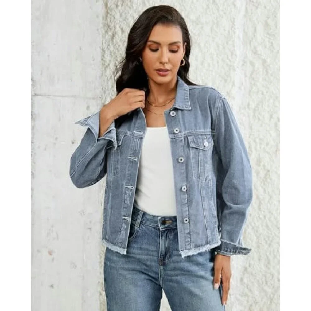 Distressed Denim Jacket Women's Long Sleeve Frayed Hem Trucker